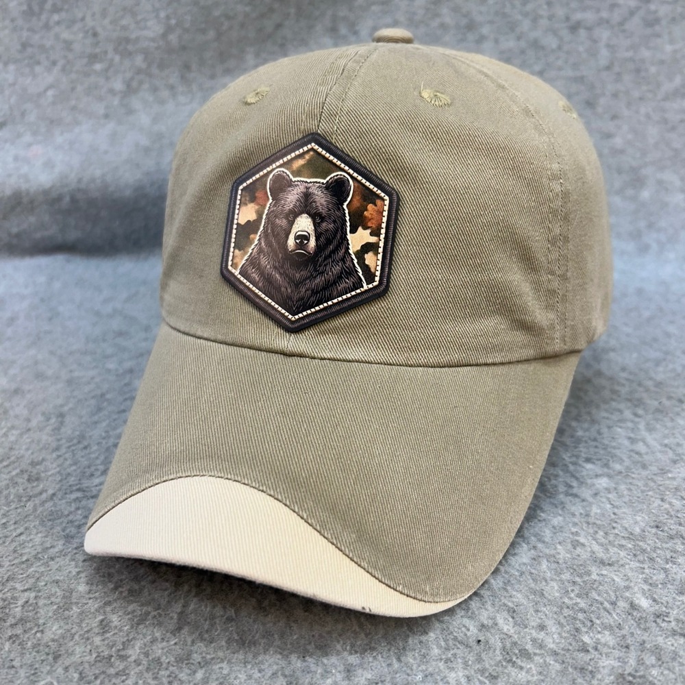 Black Bear Patch Mens Tan Port Authority Baseball Hat Adjustable OSFA